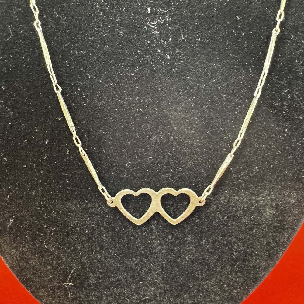Vintage Silver Tone‎ Double Heart Necklace